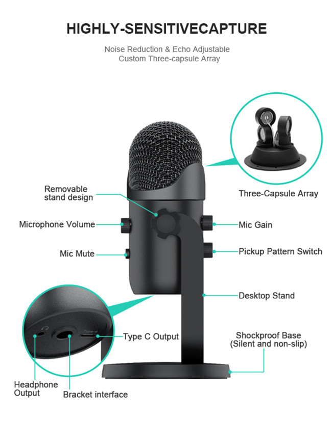 Streaming Condenser Mic , 48Khz USB Desktop Podcast Recording Microphone