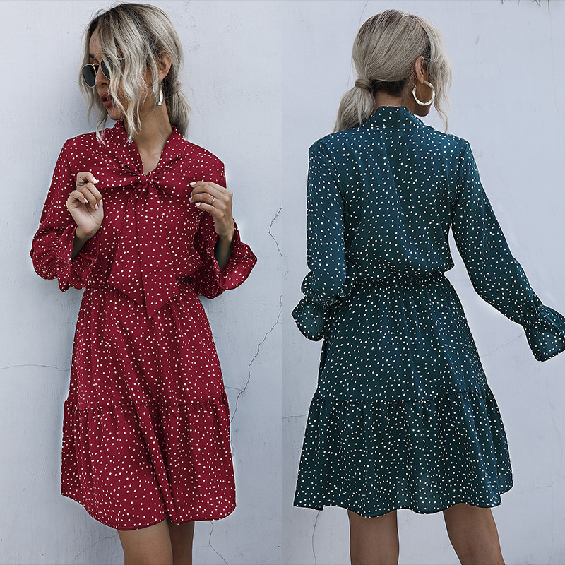 Midi Summer Polka Printed Women Chiffon Dress With Bow