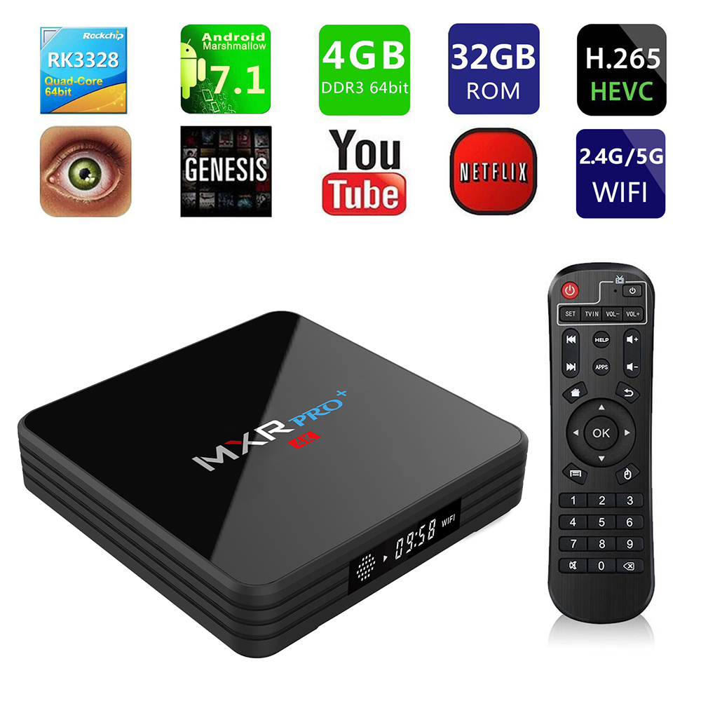 MXR PRO+ KODI 17.3 4GB/32GB Android 7.1.1 RK3328 4K HDR TV BOX 2.4G/5G WIFI LAN VP9 Bluetooth HDMI USB3.0 - Black