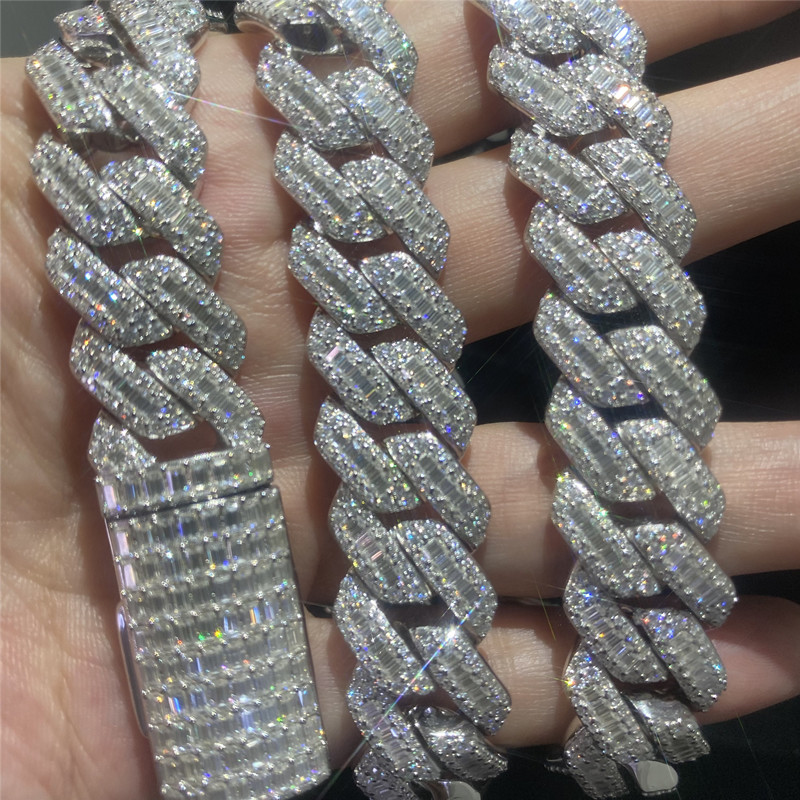 9.25 Hardness Miami Cuban Link Chain Baguette 925 Sterling Silver 15mm Cuban Chain