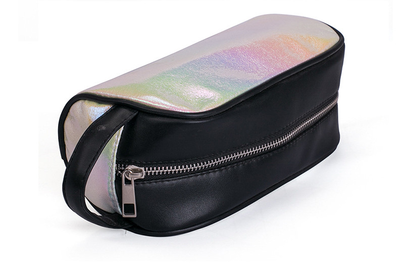 PU Leather Travel Holographic Cosmetic Bag Round Cylinder Bucket
