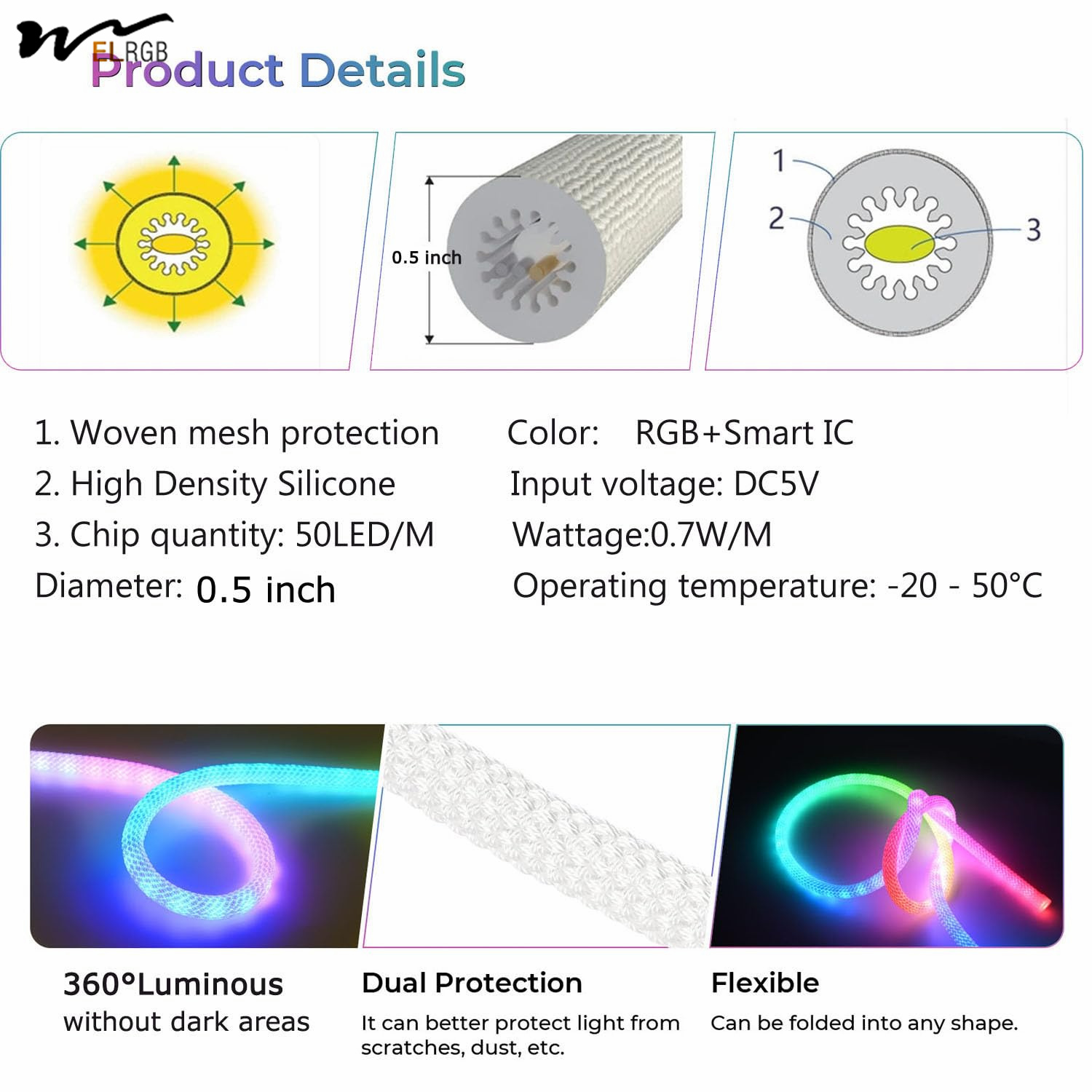 9.8ft Neon Light with USB RGB Smart IC IP65 Waterproof 50LED/M App Controllable