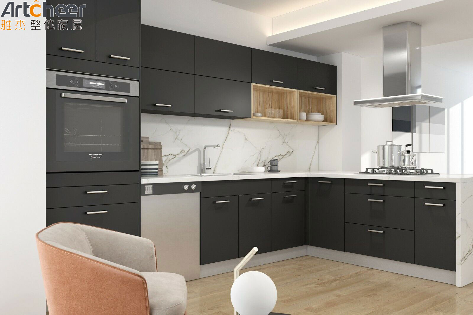Minimalistic Design Grey Solid Wood Kitchen Cabinets with Imported Quartz Stone Top