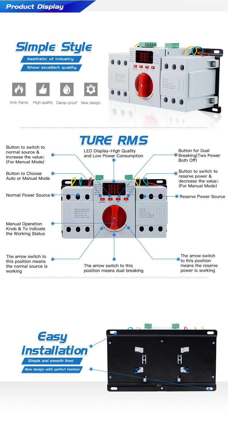 ATSQ1Z 3 Poles 63A Intelligent Double Power Automatic Transfer Switch with LED display