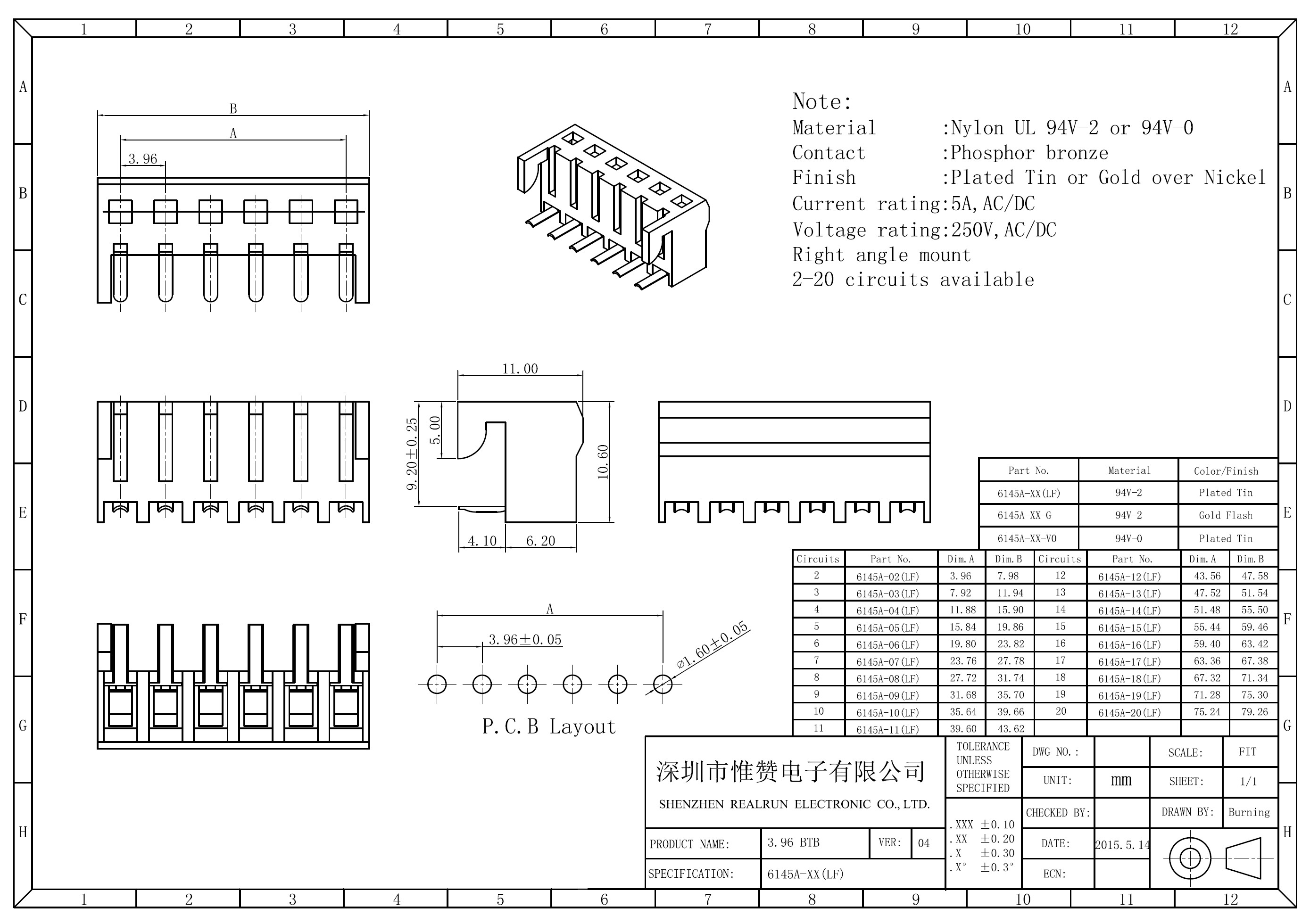 High Reliability BTB Connector Right Angle Board To Board Connector UL 94V 0