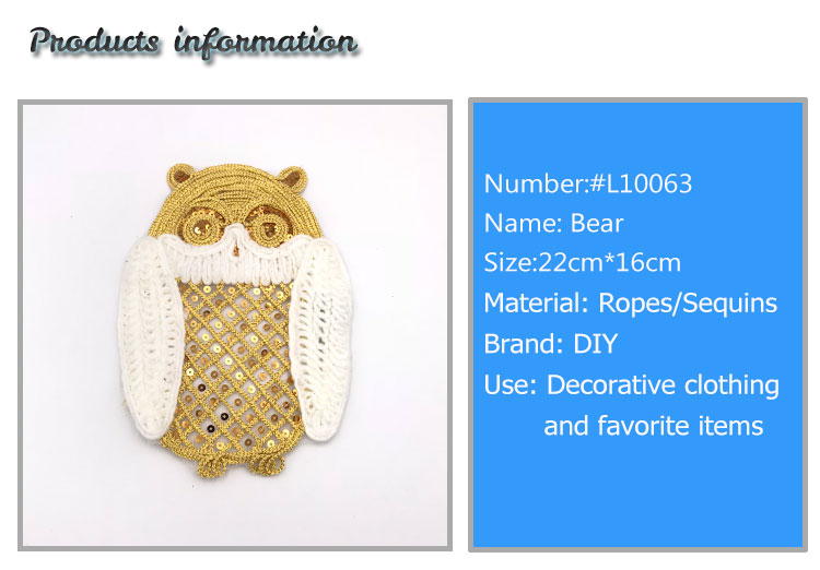 Cute Bear Sew On Embroidered Patches / Rope Patch Personalized Pattern Sequin