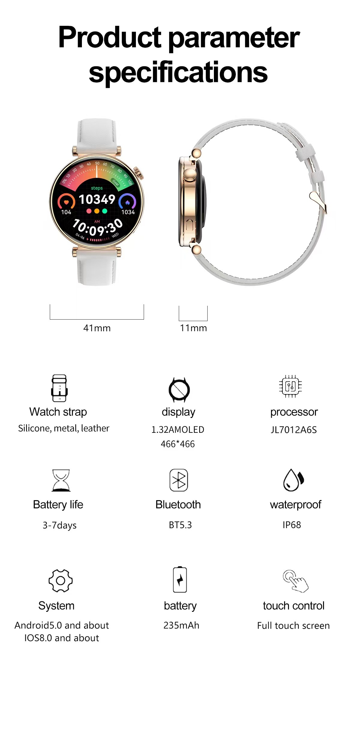 HK41 Women's Sport Smart watch 1.32inch AMOLED BT Connectivity Fitness Bracelet