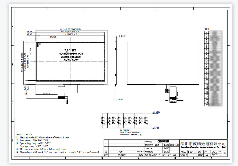 Sunlight Color LCD Display Module 7.0 Inch Wide Temp 4lane MIPI Interface