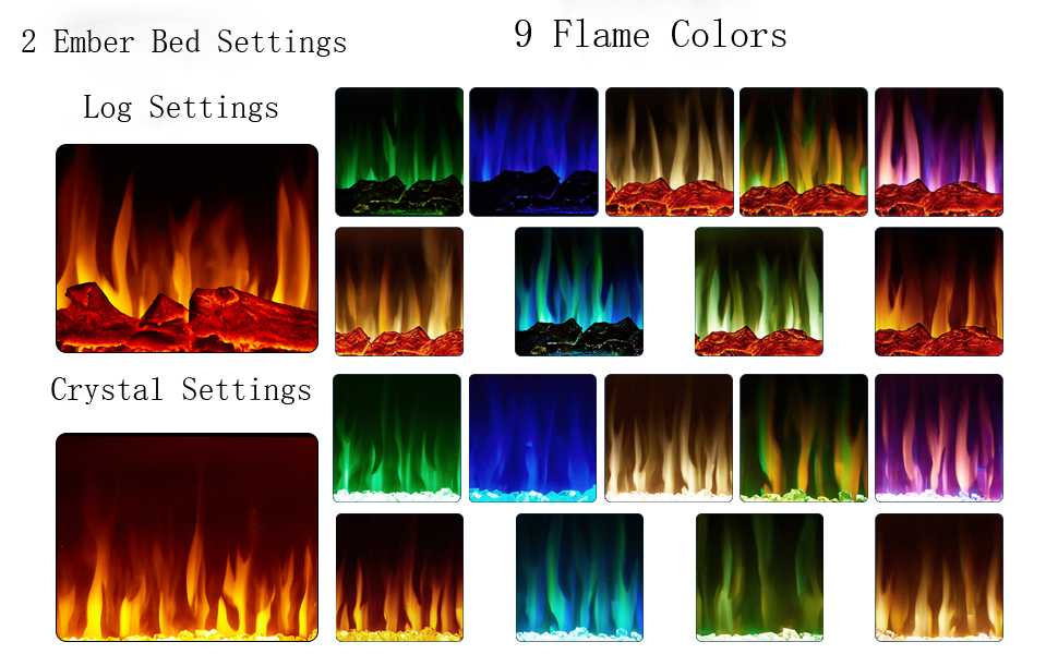 9 Flame Colors Artificial Flame Linear Recessed and Wall Mounted Electric Fireplace Heater