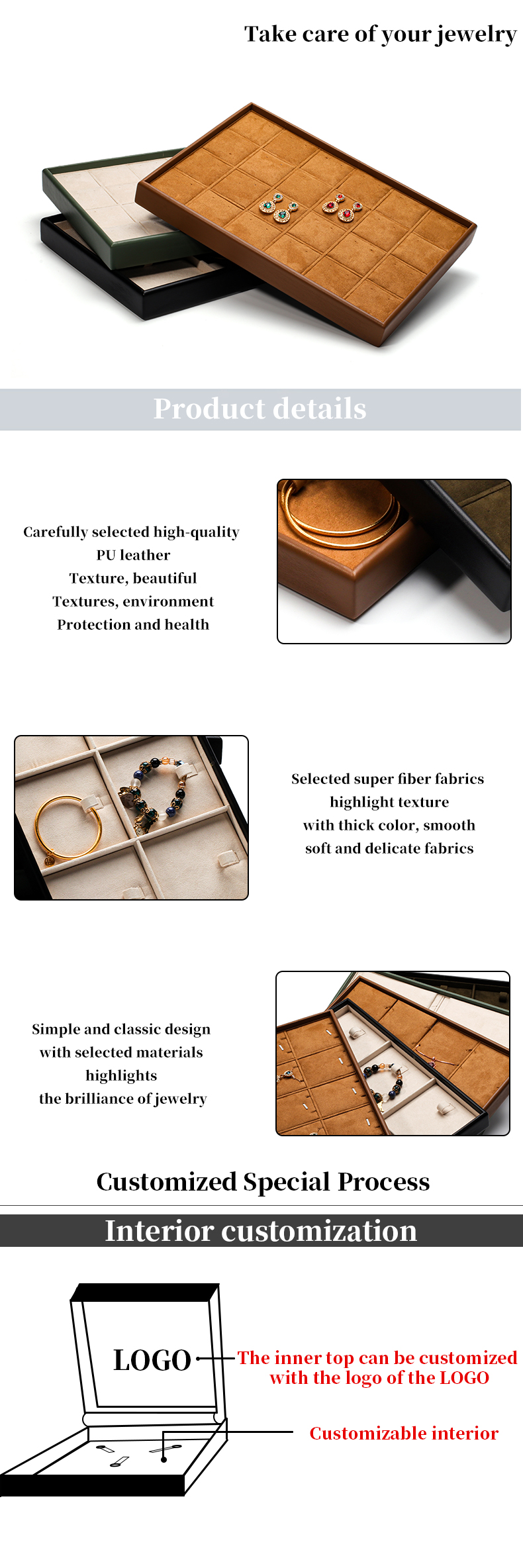Soft Velvet Interior PU Leather Jewelry Display Tray Props for Ring Ear Studs