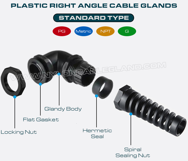 PG & Metric Thread Elbow Plastic Cable Glands, IP68 Right Angle Nylon Cable Glands with Spiral Flexible Protector