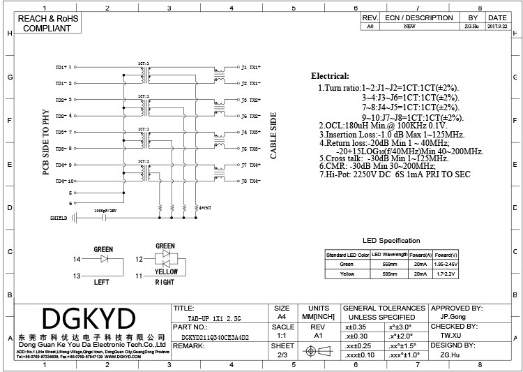 2.5G RJ45 DGKYD211Q340CE3A4D2 Connector Network Interface Pcb Jack RJ45 Modular Jack 10PIN