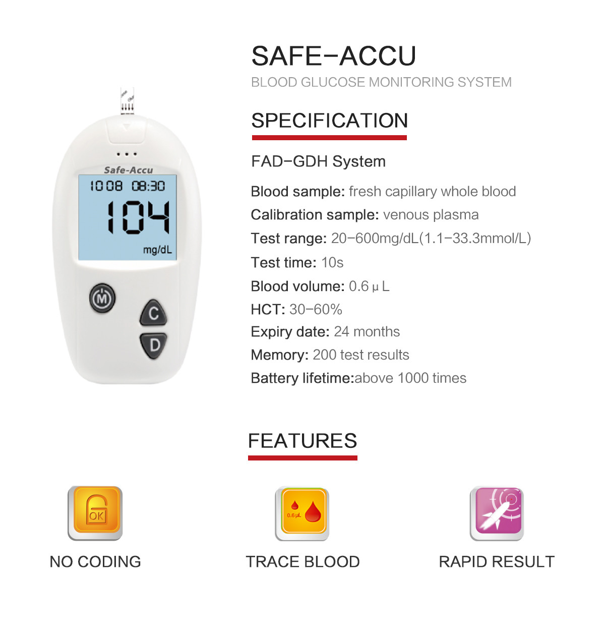Safe Accu Diabetes Sugar Test Kit , Blood Glucose Monitoring Kit 1000 Tests Battery Lifetime 0.6ul Tiny Blood Sample
