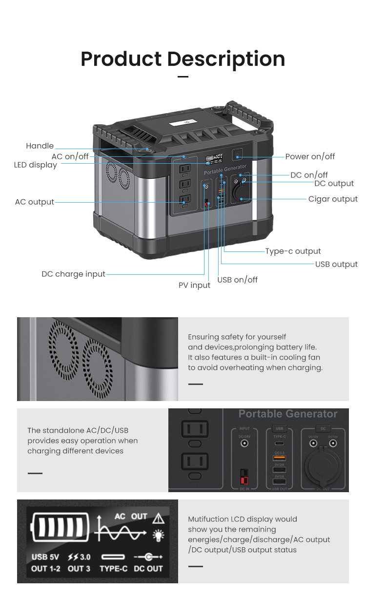 300000mAh Lithium Battery Portable Power Station 1000 Watt Solar Generator AC220v 110v