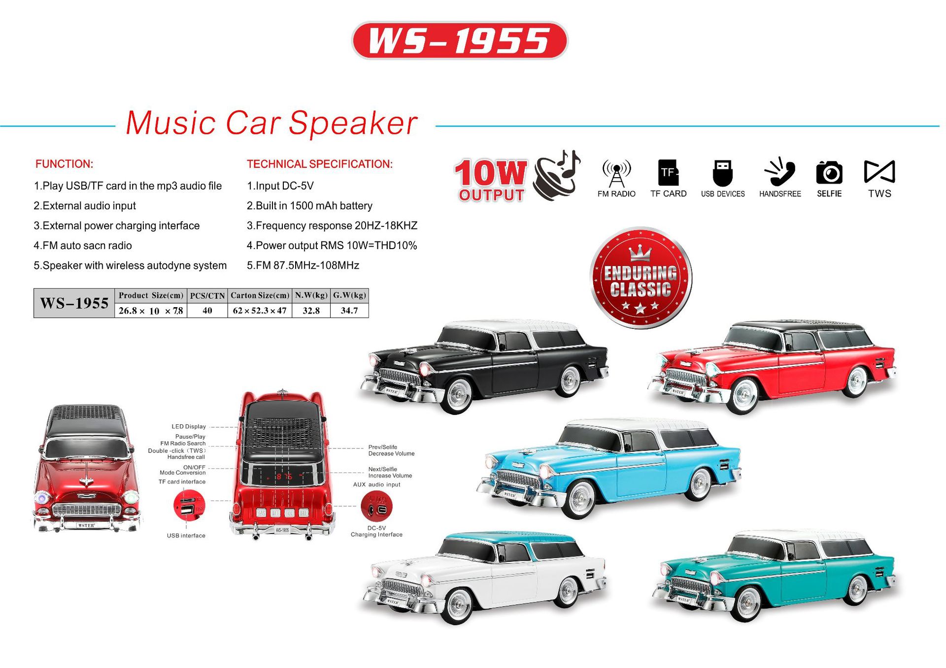 1500mAh Battery Capacity Car Shaped Wireless Speaker with FM Radio and SD Card Support