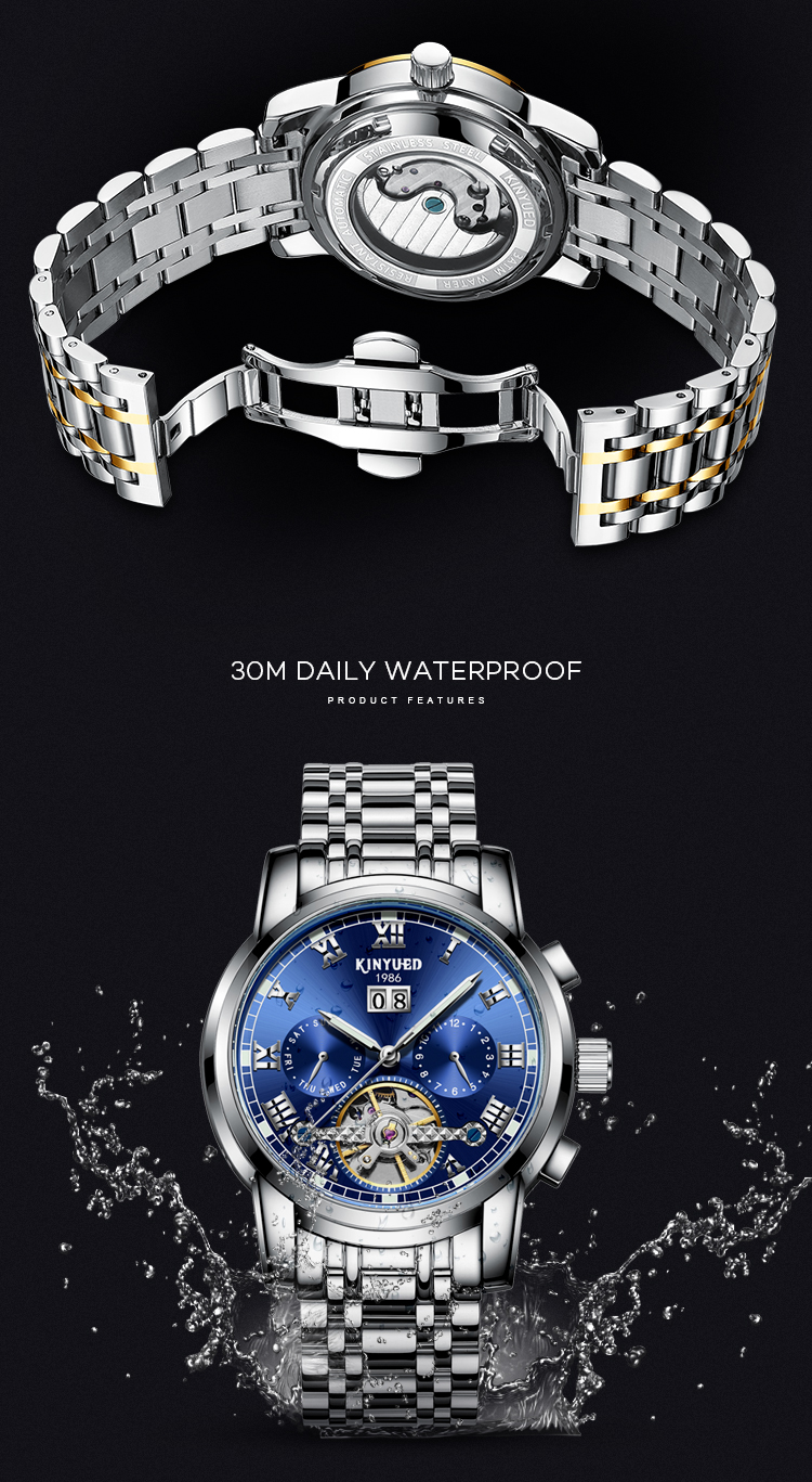 KINYUED Distinctive Style Tourbillon Automatic Movement Watches Waterproof Luminous Business OEM Wristwatches