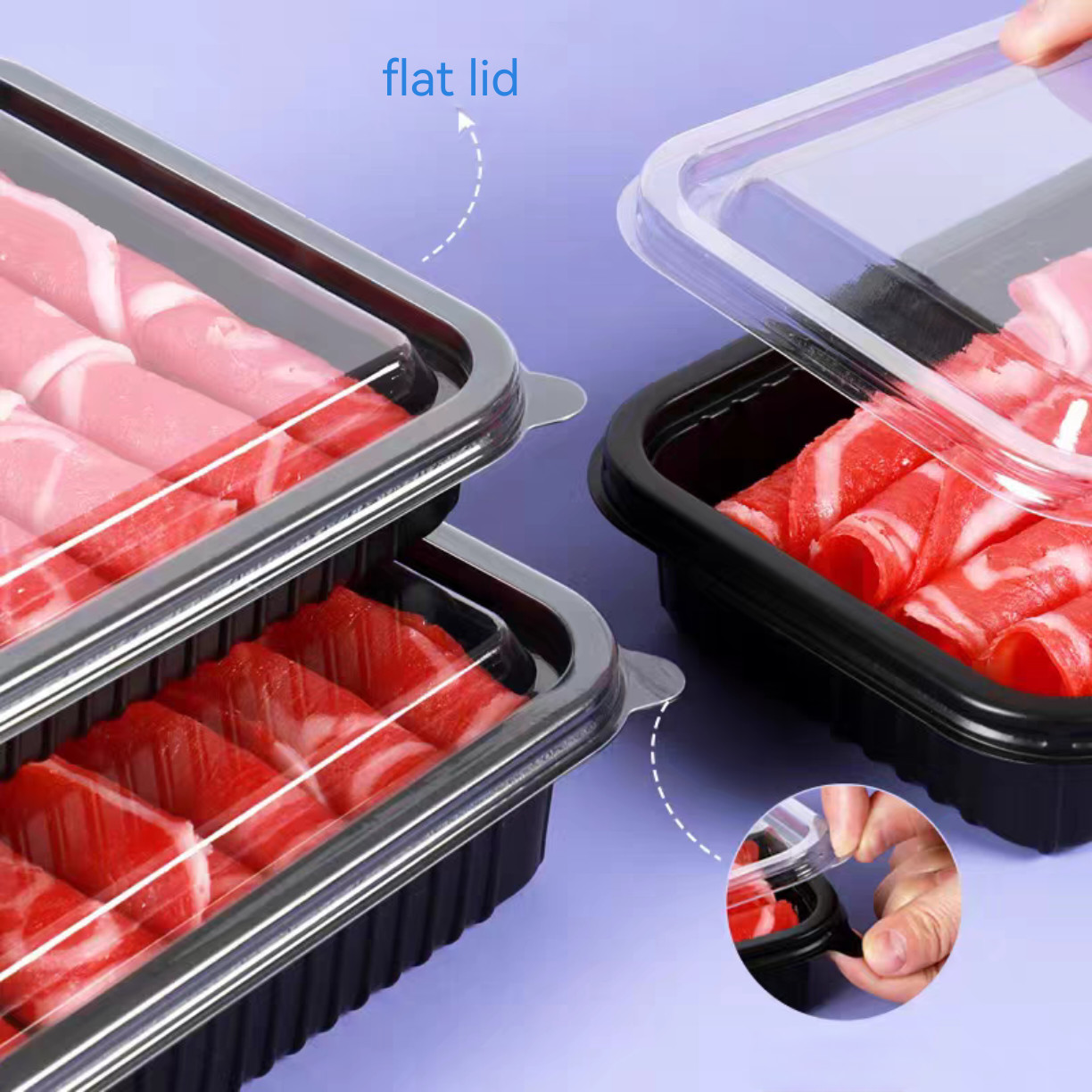 Beef And Mutton Roll Frozen Food Tray Plastic Disposable Food Container With Lid