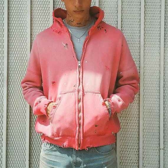 Acid Wash Zip Up Hoodie Mens Women'S 500gsm Blank Pink Acid Wash Vintage Ripped Hole Distressed