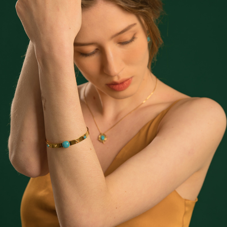 Natural Stone Turquoise 18K Gold Plated Bangles For Women Adjustable