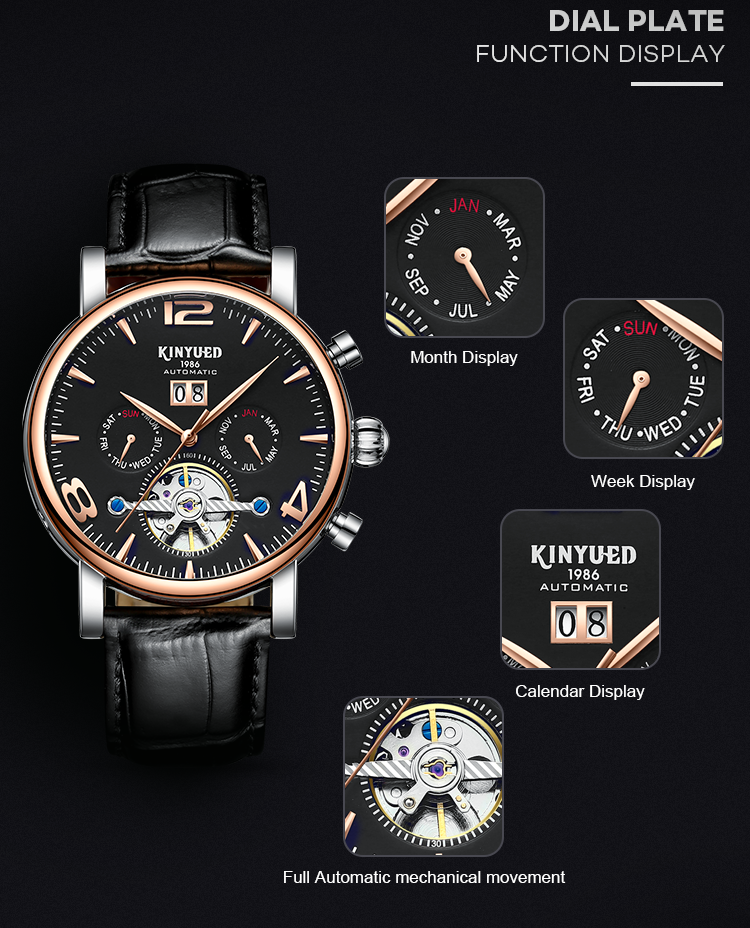 J030-4 KINYUED Mens Automatic Mechanical Watch Tourbillon Leather Waterproof Mechanical Watches