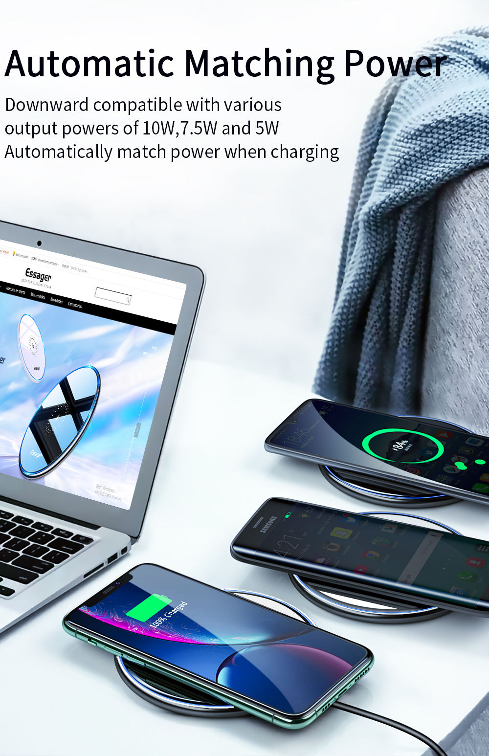 Mirror Desktop Qi Wireless Phone Charger Magnetic 15W With 1m Cable Type-C