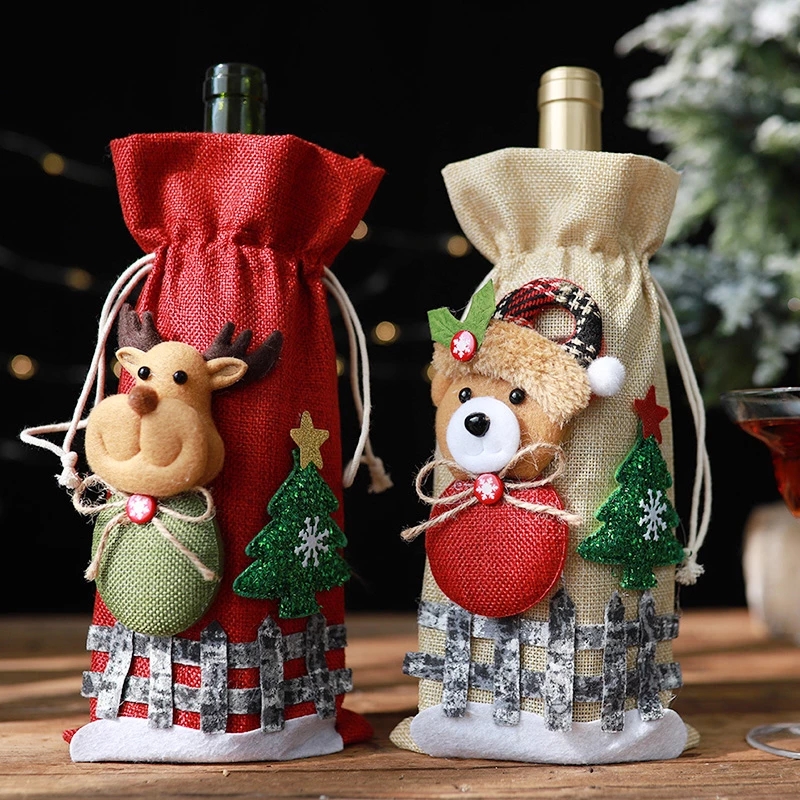 Factory OEM Christmas Wine Bottle Covers Bag for Home Santa Claus Wine Bottle Cover Snowman Stocking Gift Holders