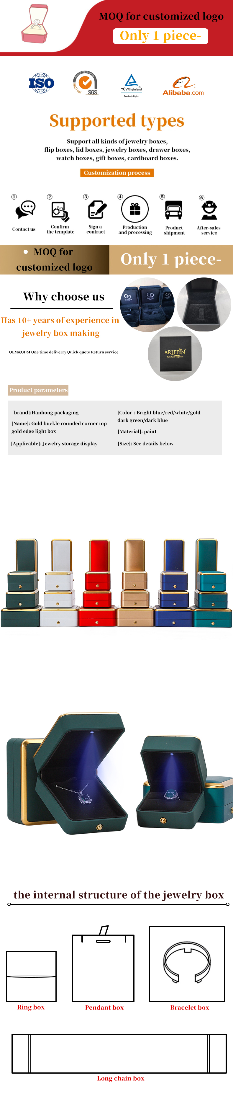 Customized Gold Trim LED Jewelry Box Organizer for Bracelet Necklace Earrings Ring