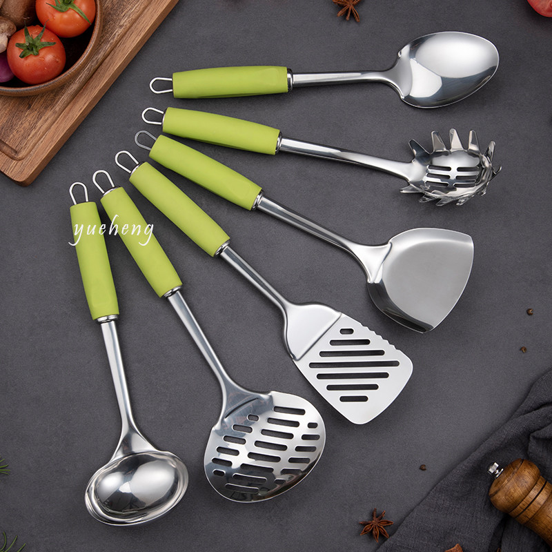 6pieces kitchen tools with Soft handle Green color handle with tray soup scoop Pasta Server Spoon Draining Spoon Slotted