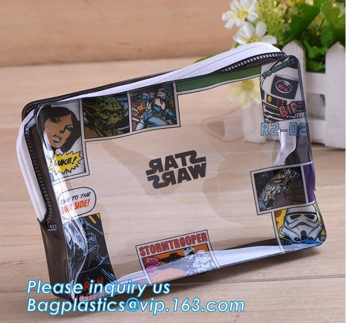 Durable Vinyl With Carry Handle Train Bag, zipper cosmetic bags with double slider, promotional travel custom pvc small