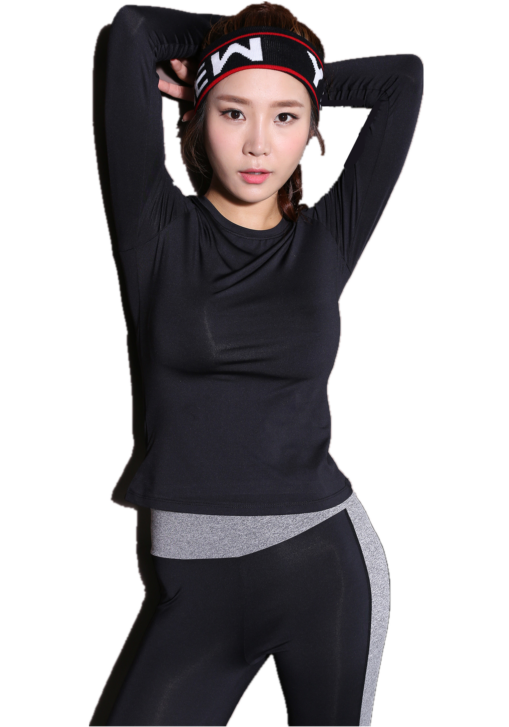 CPG Global Women Pure Black Polyester Sexy Slim Fit Long Sleeves Round Collar Gym Running Sports T-Shirts S-L S42