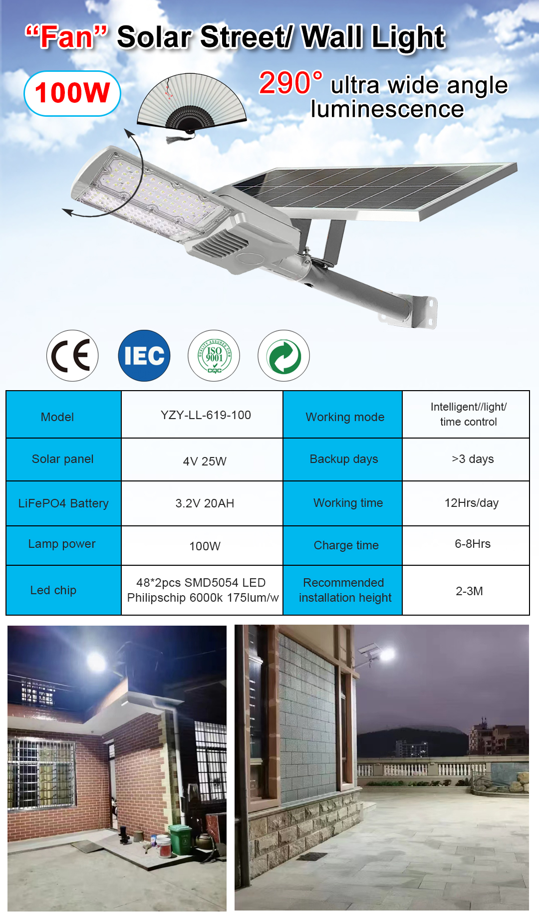 Road LED Solar Street Lights 100W with Fan and Daylight Alert at 6000K Color Temperature