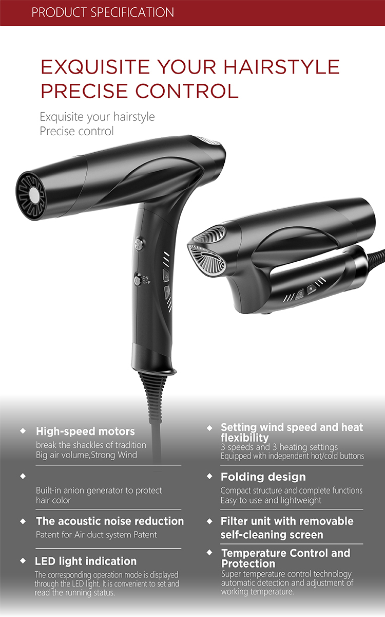 Low Noise Ion Hair Dryer With Nozzle Hot & Cold Air Speed Adjustment Styling Tool