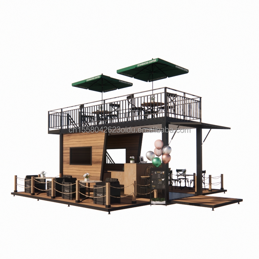 Double-Story Prefab Container House for Mall Boba Style 50/75/100mm Wave Sandwich Panel Wall and Modern Design Terrace