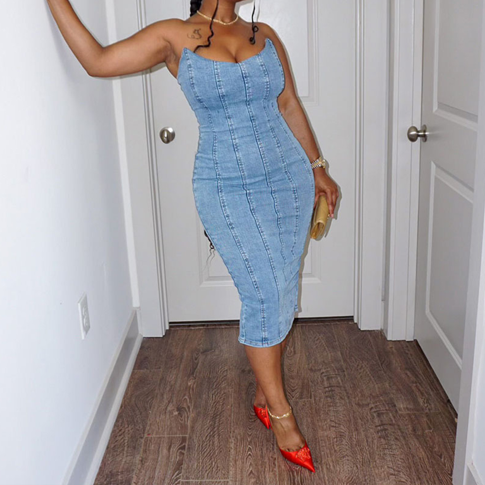 Hot Evening Dresses For Women French Patchwork Blue Tencel Slim Denim Style