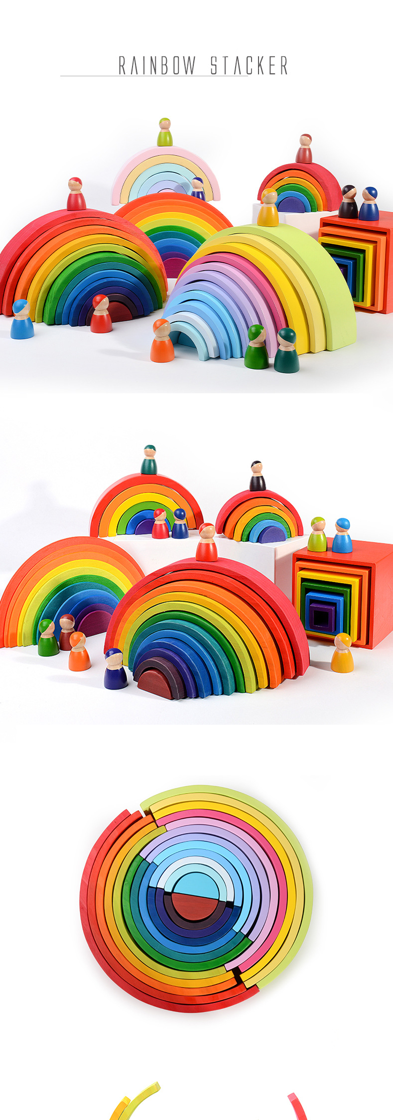 3D 2.75in Stacking Rainbow Wooden Rainbow Stacker 12 Piece