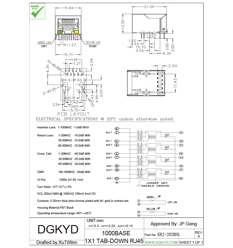 Single Port Gigabit Ethernet 10 Pins PCB RJ45 Modular Jack, G/Y Led