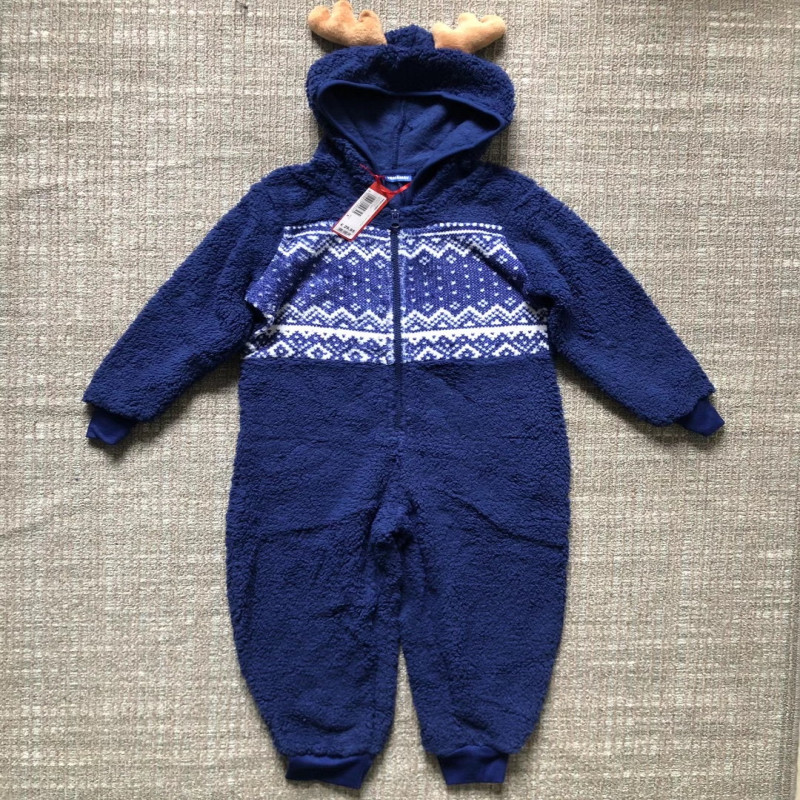 Cute Navy Baby Boy Fleece Romper 100% Polyester With Antler