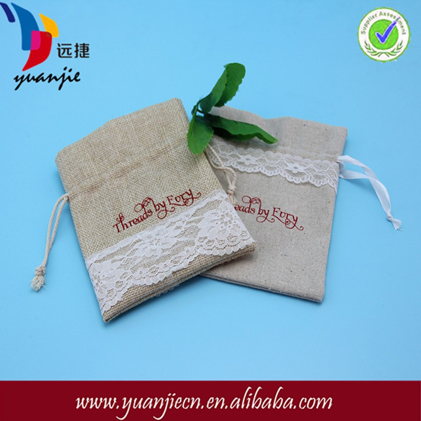 Gift Packing Jute Drawstring Bag Wear Resistant With Lace Lightweight