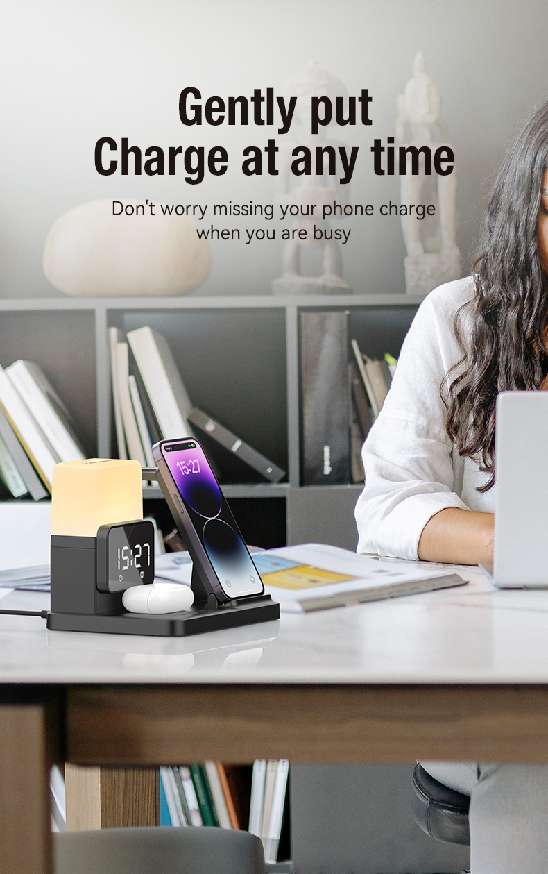 6-In-1 Mobile Phone Fast Charging Wireless Charger and Alarm Clock with ABS