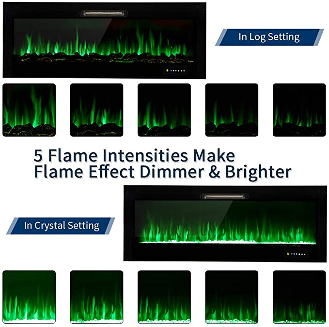 9 Flame Colors Artificial Flame Linear Recessed and Wall Mounted Electric Fireplace Heater