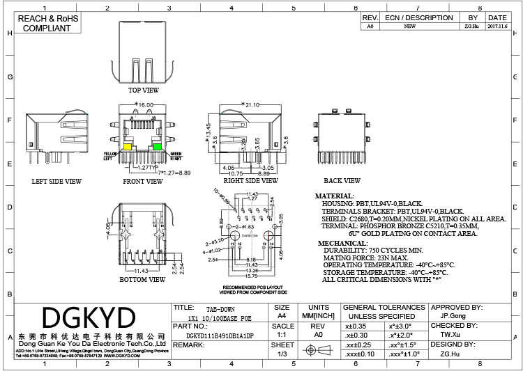 DGKYD111B491DB1A1DP 1000 Base-T 10p8c PoE RJ45 Jack Ethernet Connector RJ45 With Magnetics, Headers And PCB Receptacles