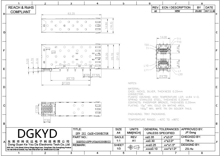 DGKYD21SFP1N3A00200B022 2*1 Cage Thickness 0.25mm RJ45 SFP Connector 15U Phosphor Bronze