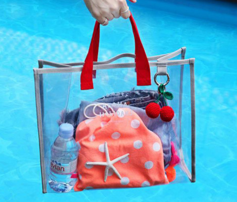 Transparent Cosmetic Tote Bag , PVC Hand Carry Clear Stadium Bag For Ladies