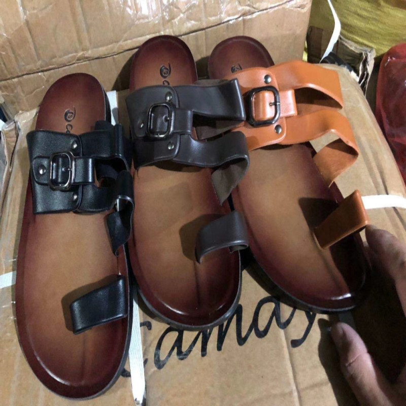 Black Brown Mens Soft Leather Slippers Anti Skid Men's Summer Sandals