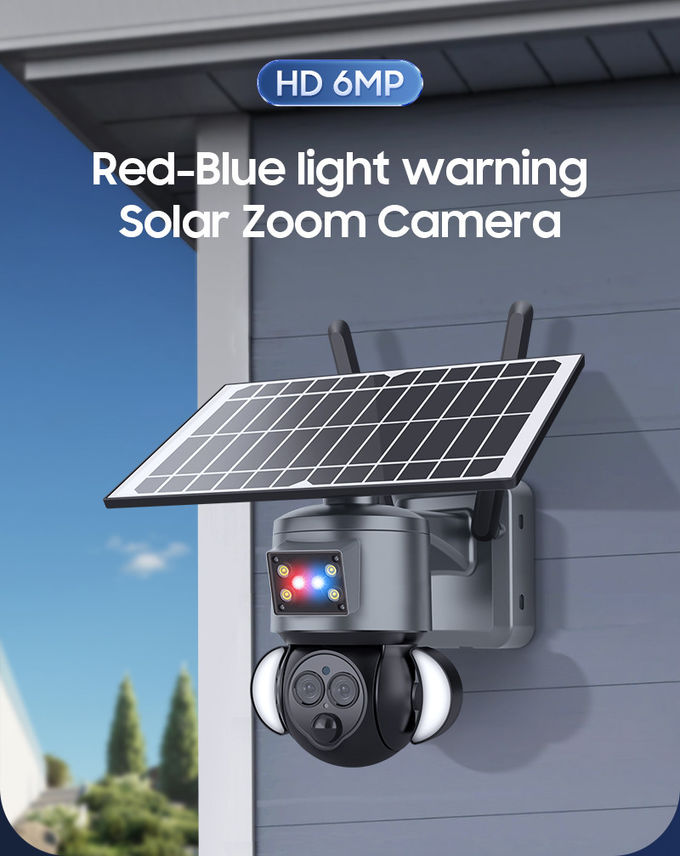 PTZ 12X Zoom Smart Floodlight Solar Wifi Camera Red Blue Warning