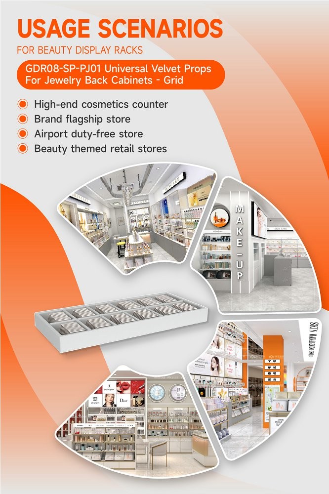 GDR08-SP-PJ01 Retail Display Shelf with Gray Velvet Fabric and Portable Design for Personal Makeup Bag