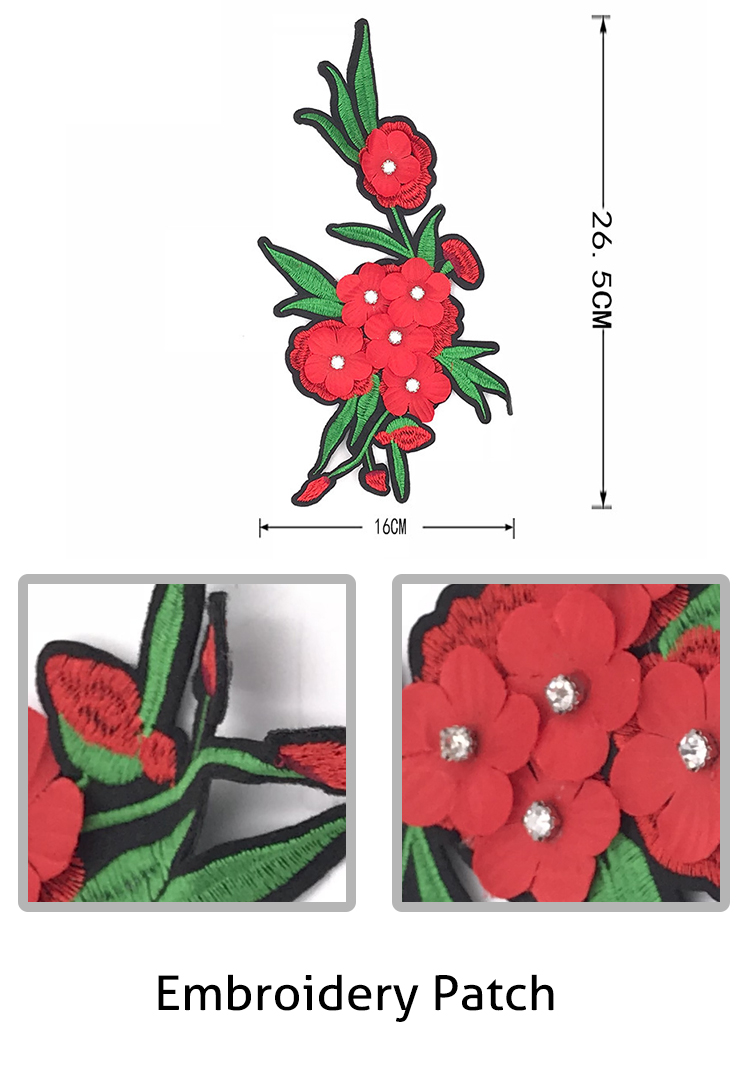 Red Flower Patch with Rhinestone Woven Patch Custom Pvc China Manufacturer Cheap Iron-on Embroidery Applique for Cloth
