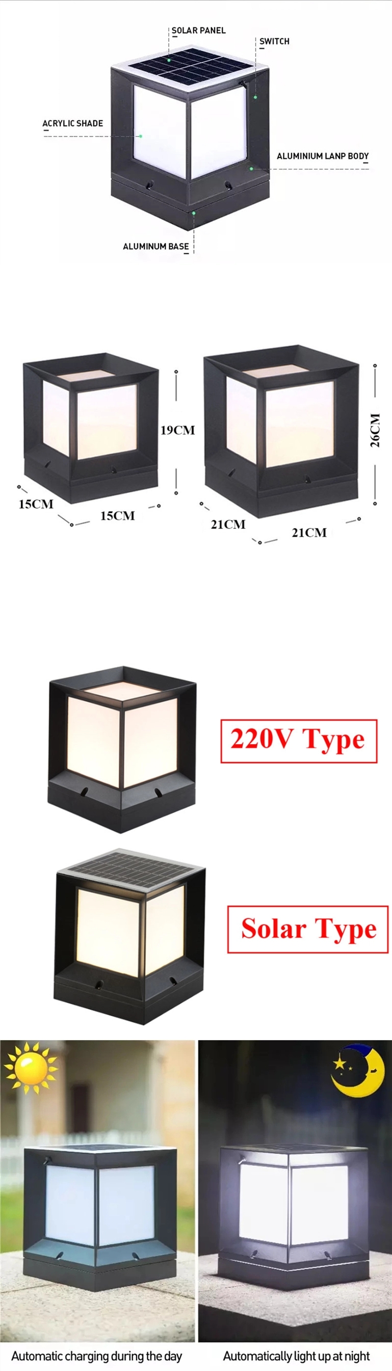 IP67 Aluminum Energy Saving Solar Powered Pillar Lights 6V 2W With Remote Control