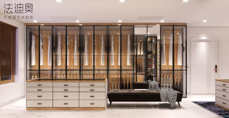 Robust Expansive Stainless Steel Open Walk In Closet With Glass Doors