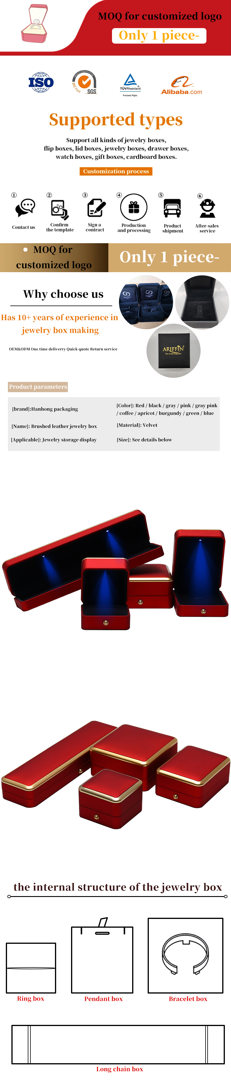 Custom Plastic Spray Painted Square Luxury Necklace Ring Red LED Jewelry Box Handmade